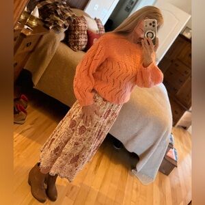 Handmade Eyelet Knit Perfect Shade of Peachy Pink Lantern Ballon Sleeve Sweater